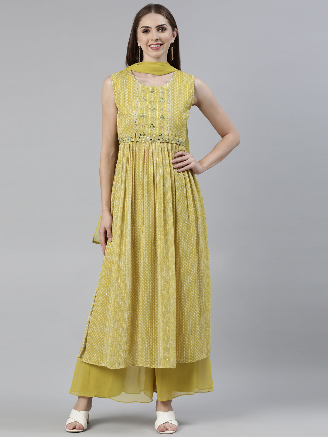 Neerus Green georgette mirror work kurta set - front view