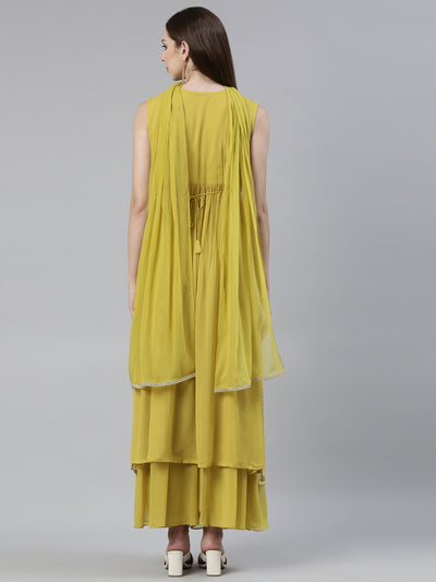 Neerus Green Regular Knee Length Solid Kurta Solid Palazzos With Dupatta