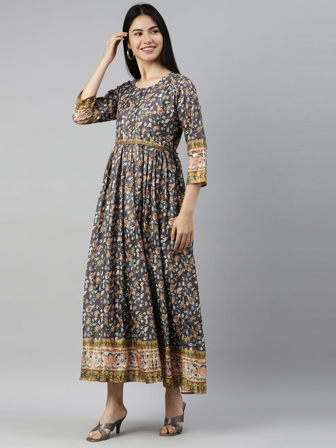 Neerus Grey silk solid kurti - side view