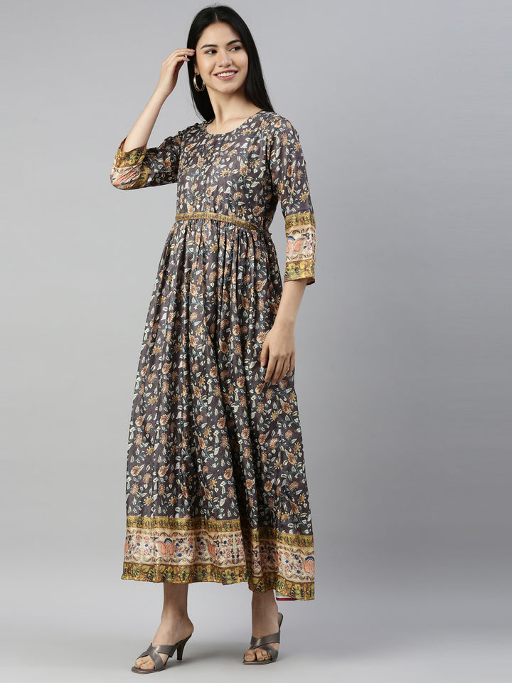 Neerus Grey silk solid kurti - side view