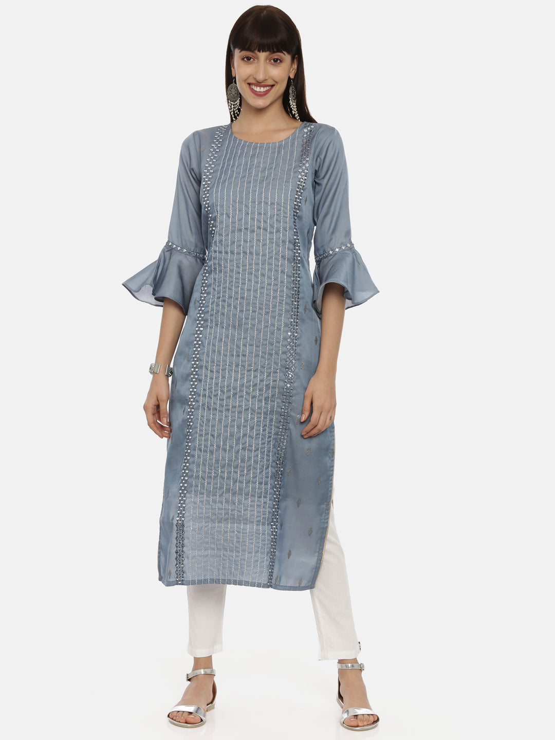 Neerus Grey Chanderi straight kurti - front view