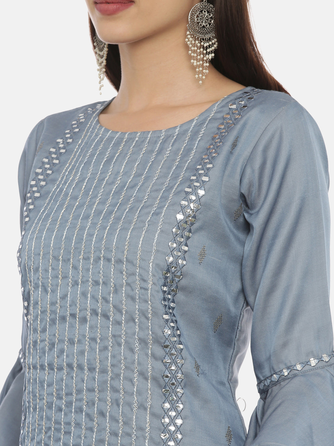 Neerus Grey Chanderi straight kurti - back view