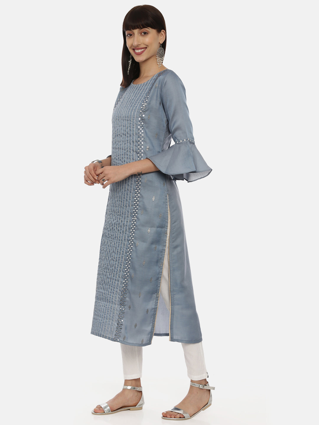 Neerus Grey Chanderi straight kurti - side view
