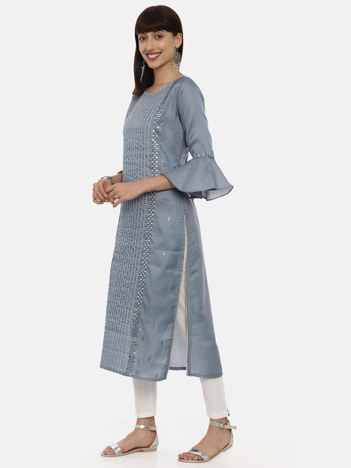Neerus Grey Chanderi straight kurti - side view