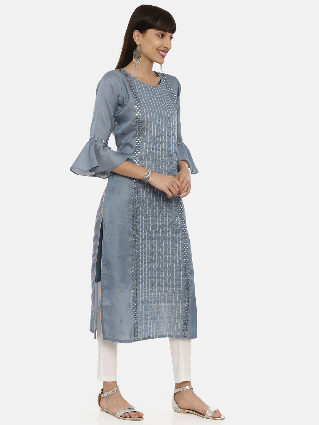 Neerus Grey Chanderi straight kurti - detail view 1