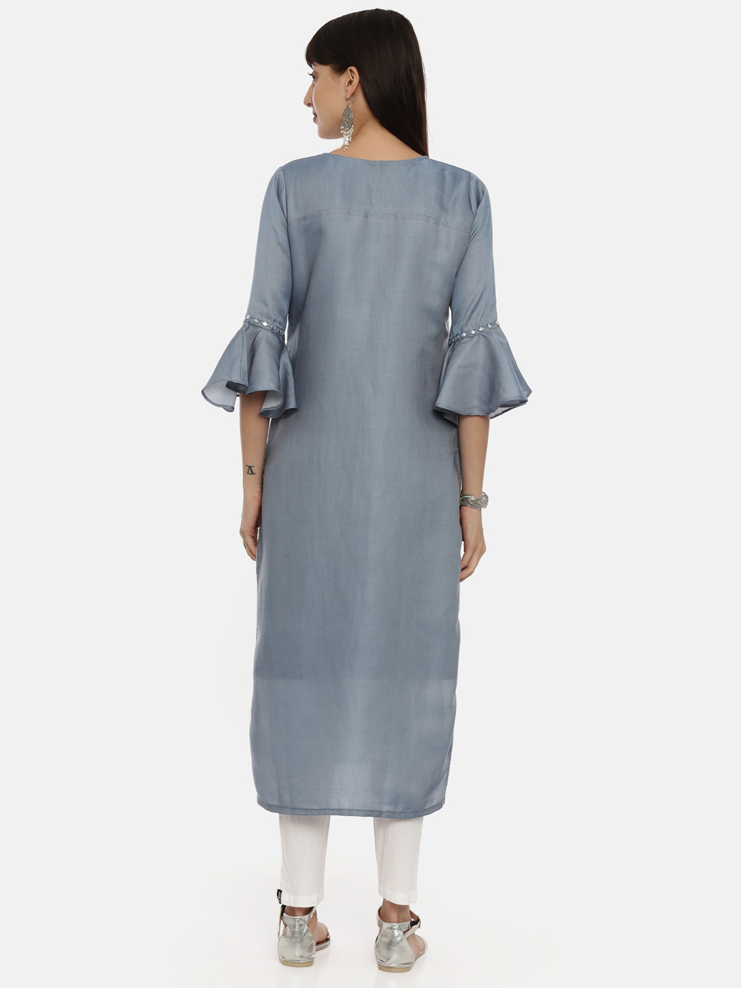 Neerus Grey Chanderi straight kurti - detail view 2