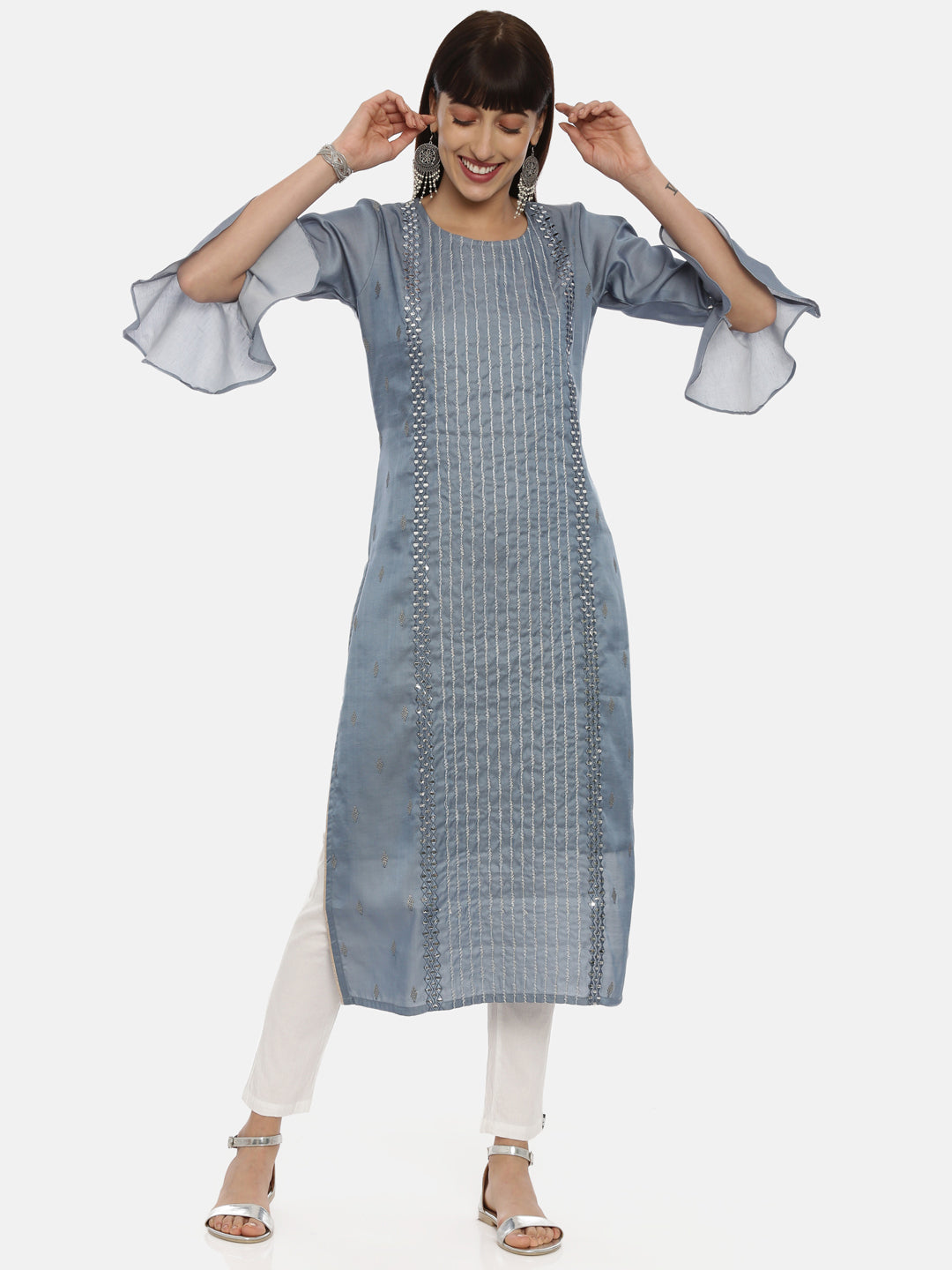 Neerus Grey Chanderi straight kurti - detail view 3