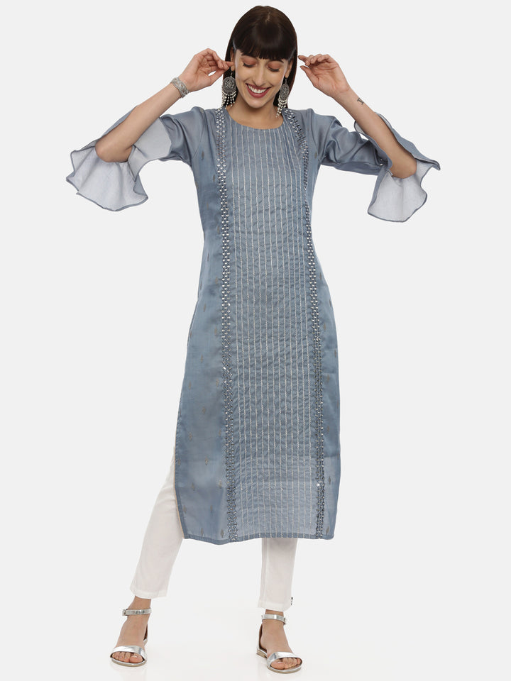 Neerus Grey Chanderi straight kurti - detail view 3