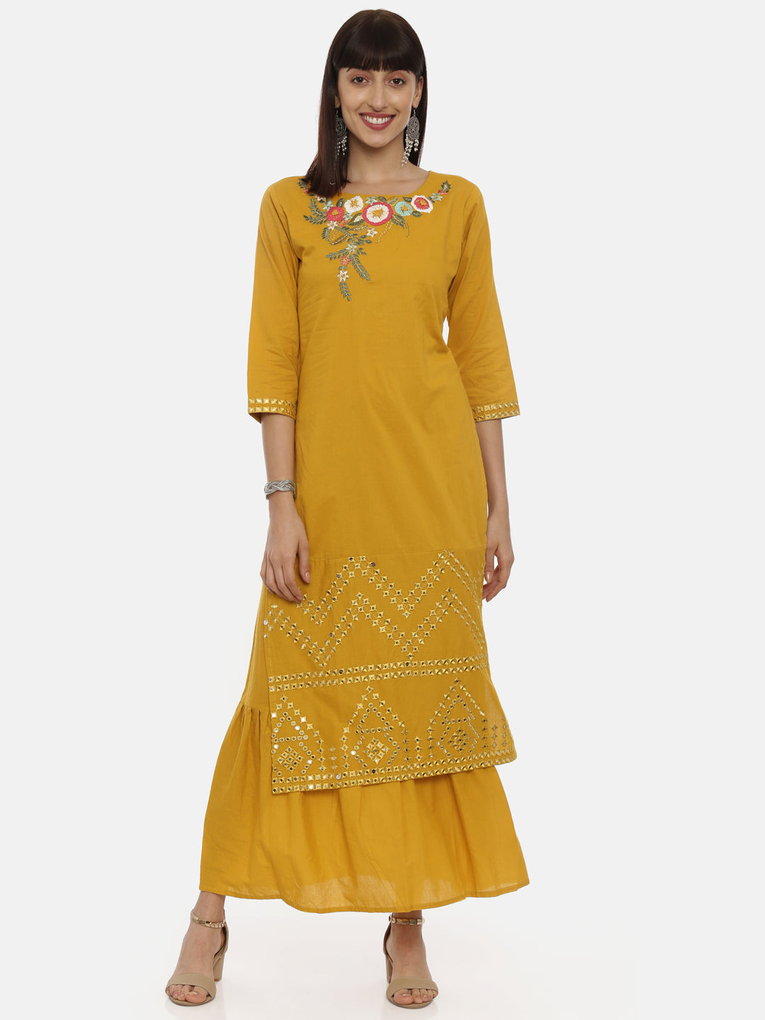 Neeru's Mustard Embroidered Kurta Skirt Set