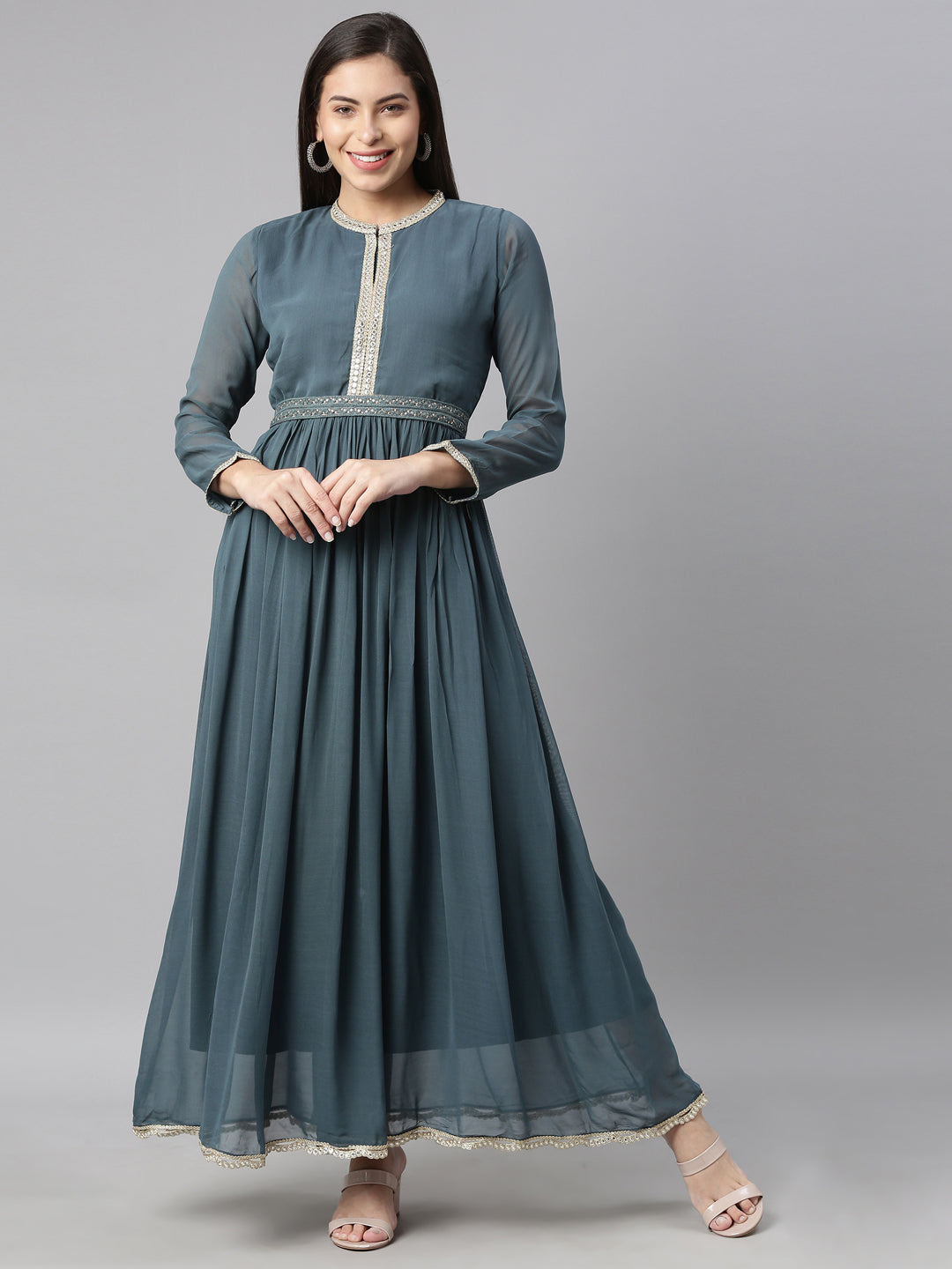 Neerus Grey georgette solid kurta - front view