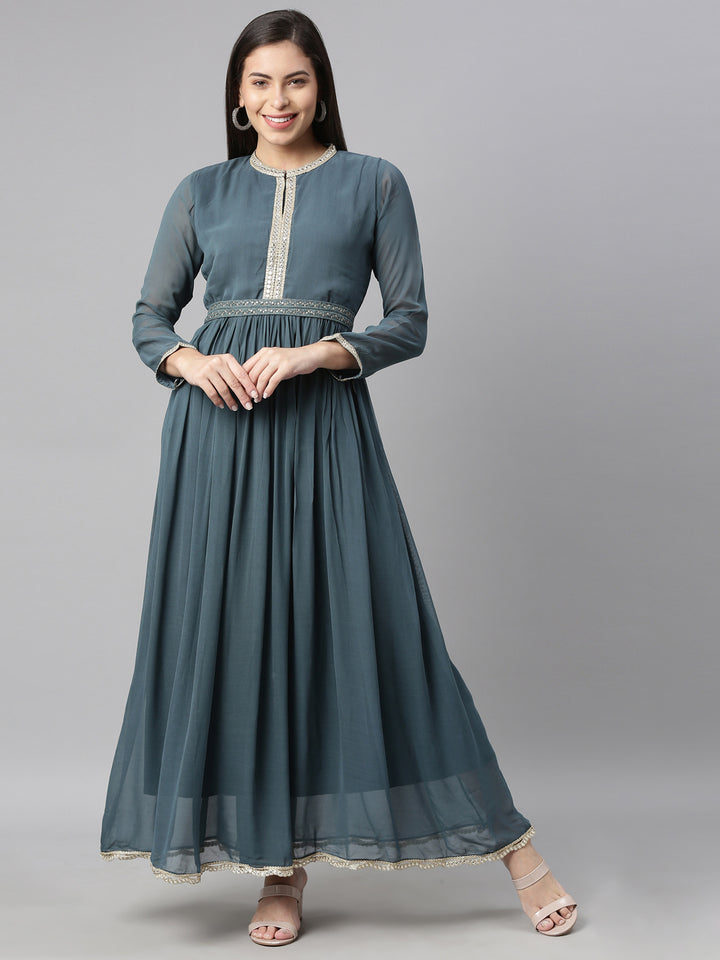 Neerus Grey georgette solid kurta - front view