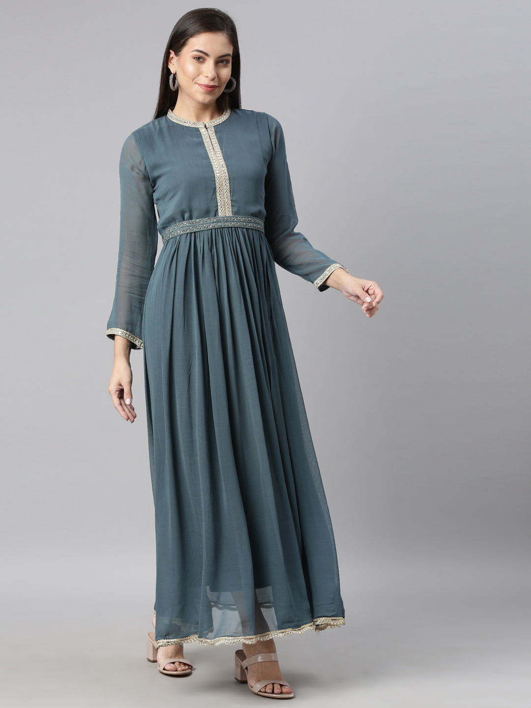 Neerus Grey georgette solid kurta - detail view 1