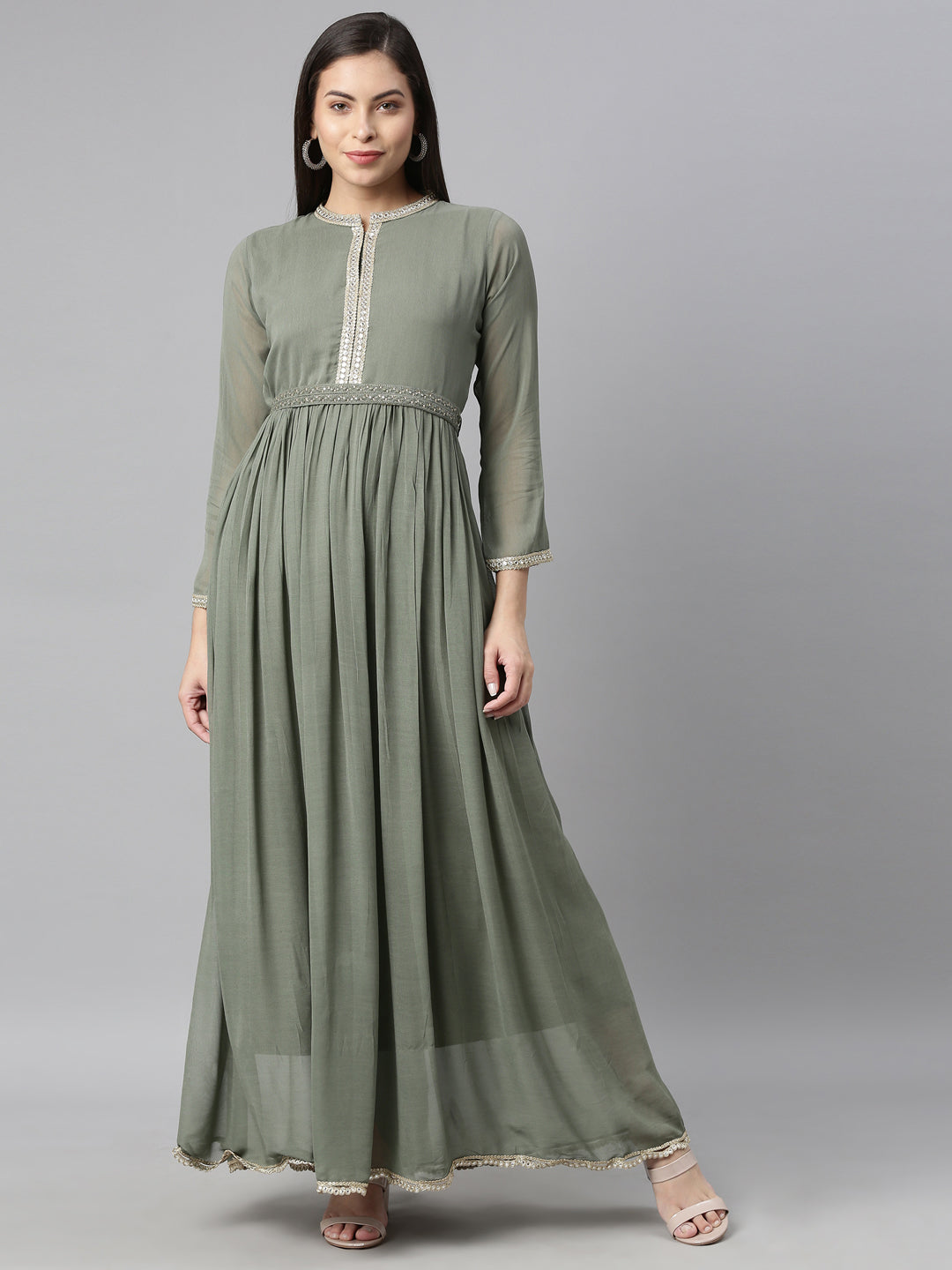 Neerus Green Georgette Solid Maxi Kurti - front view