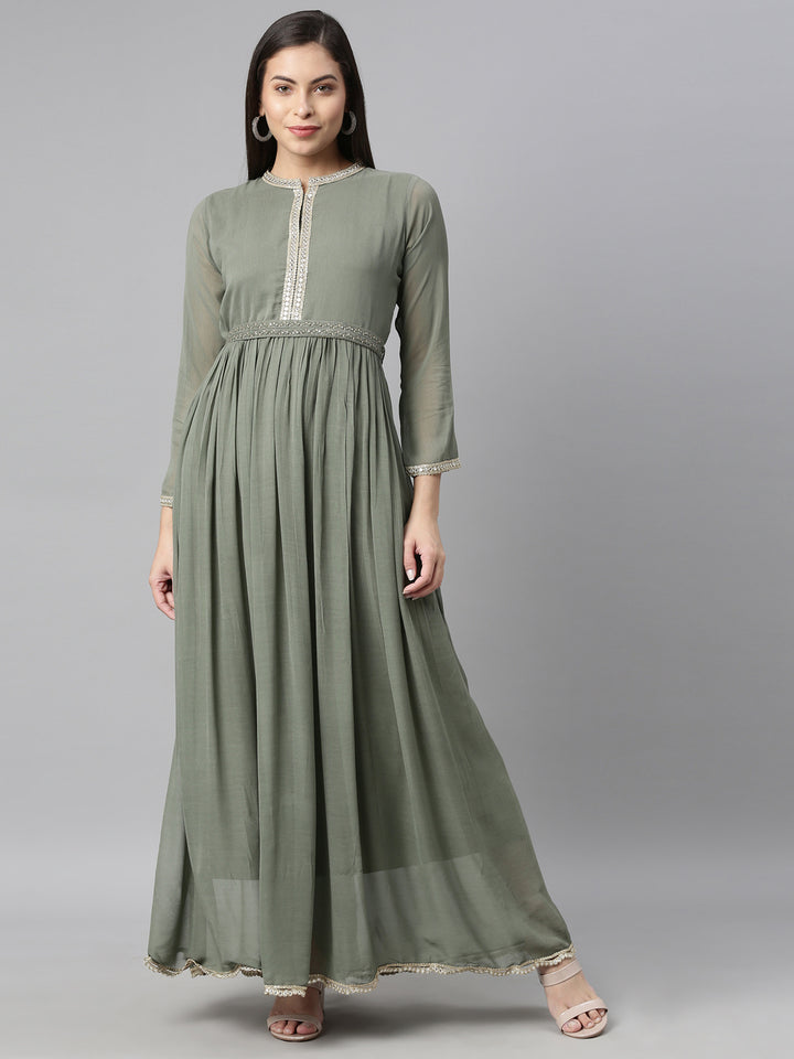 Neerus Green Georgette Solid Maxi Kurti - front view