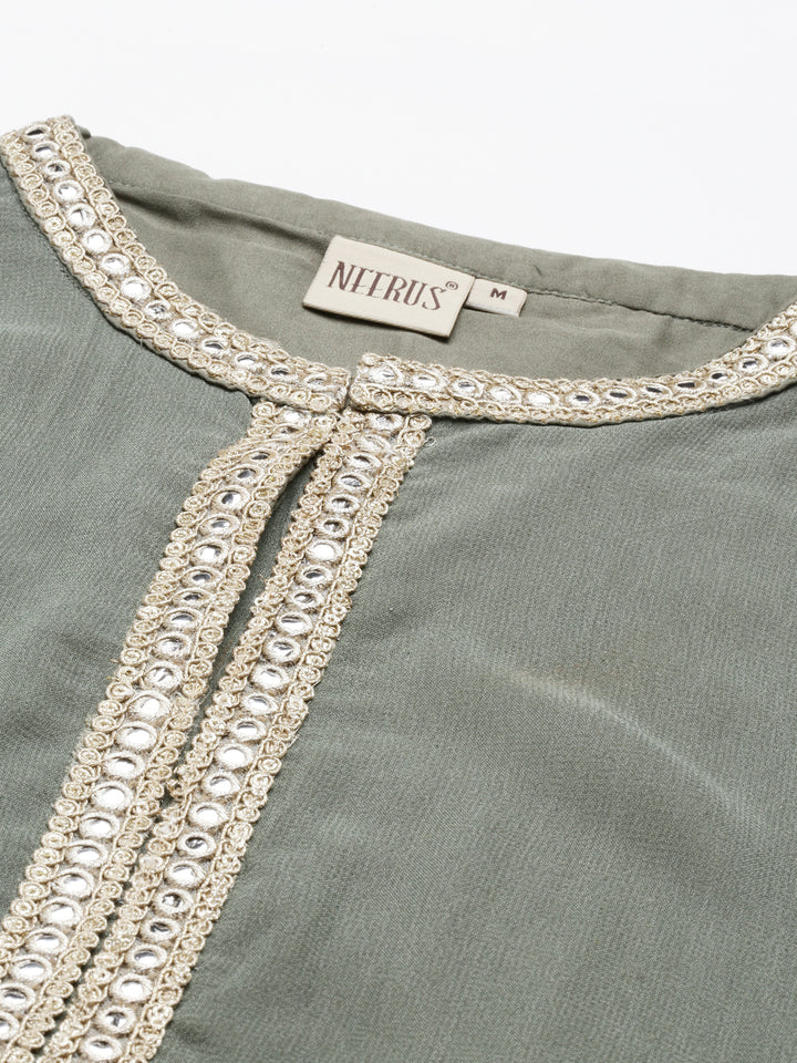Neerus Green Georgette Solid Maxi Kurti - detail view 6