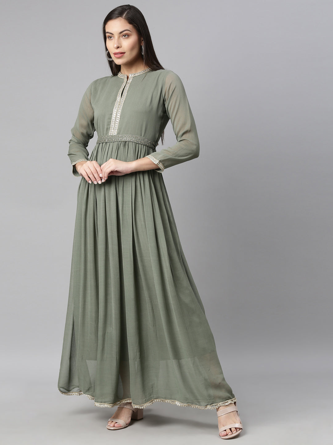 Neerus Green Georgette Solid Maxi Kurti - back view
