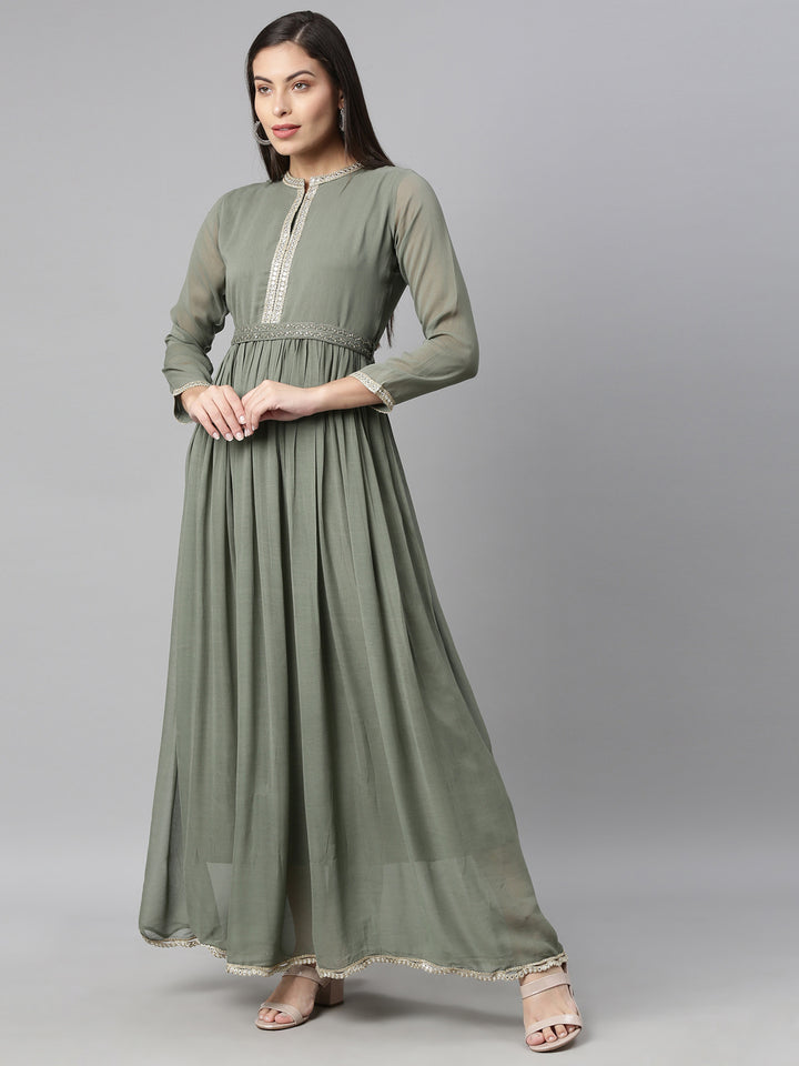 Neerus Green Georgette Solid Maxi Kurti - back view
