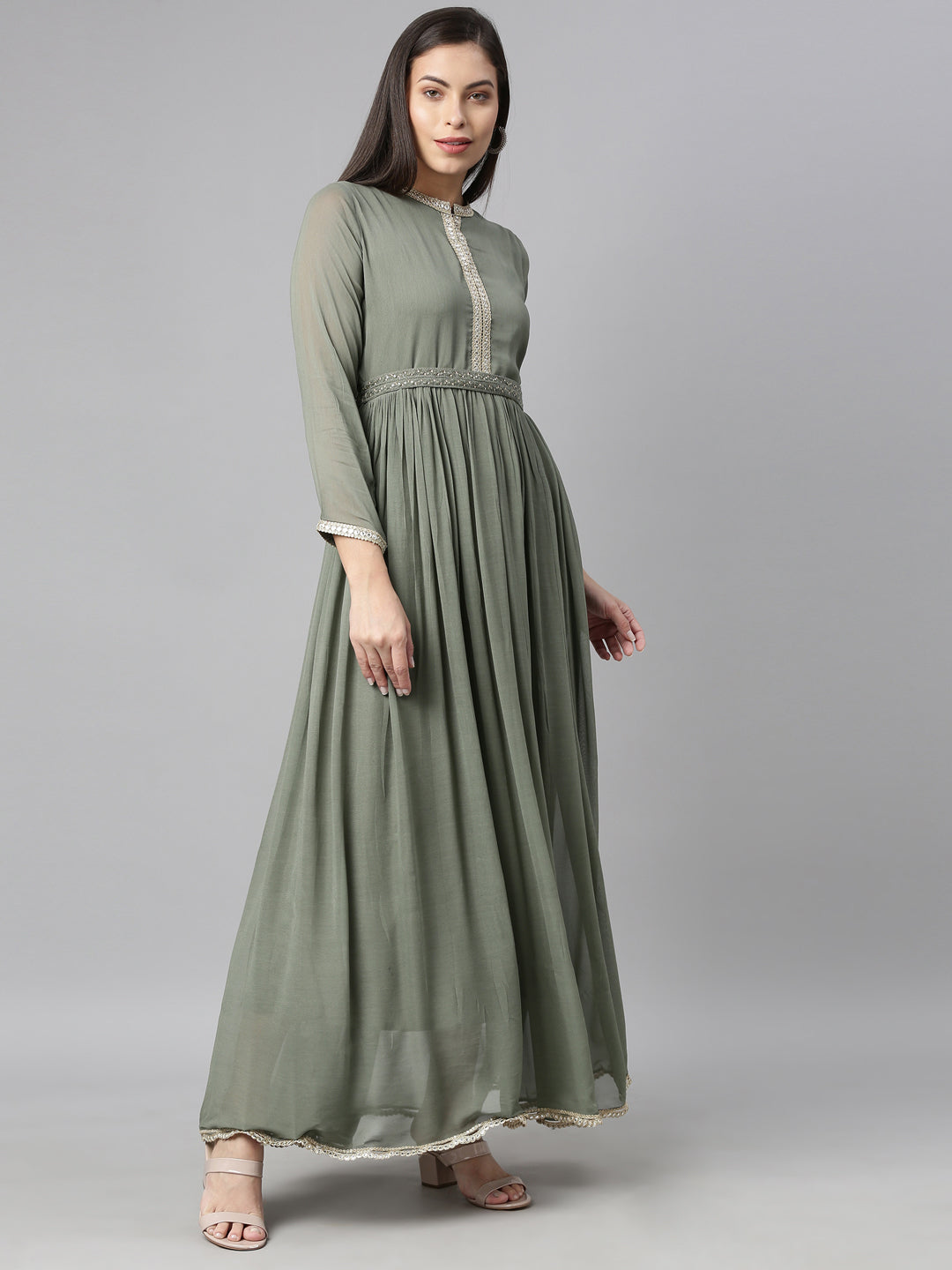 Neerus Green Georgette Solid Maxi Kurti - side view