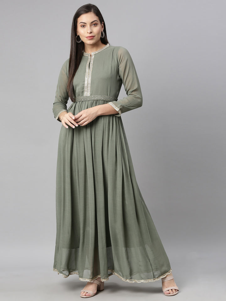 Neerus Green Georgette Solid Maxi Kurti - detail view 2