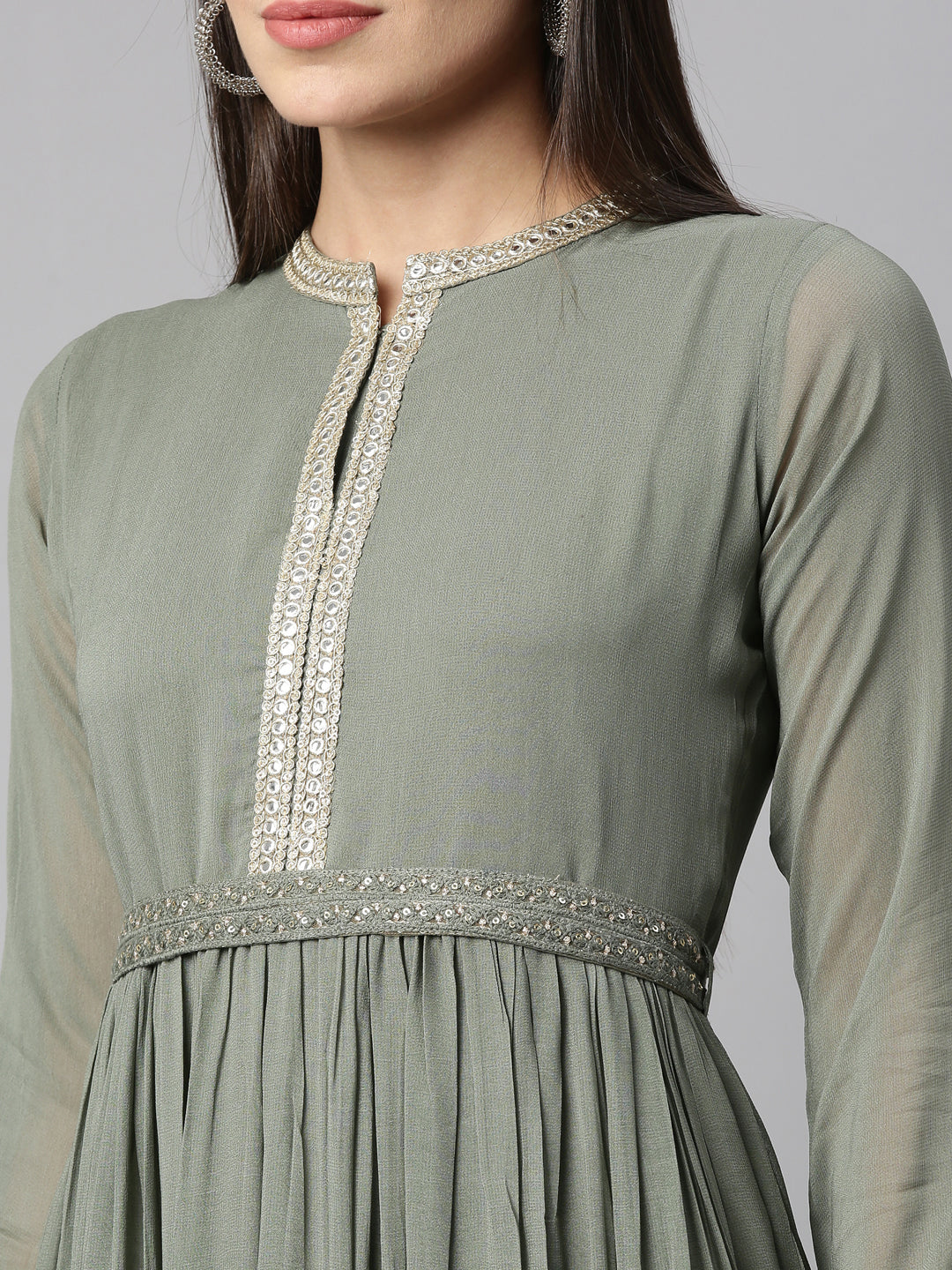 Neerus Green Georgette Solid Maxi Kurti - detail view 5