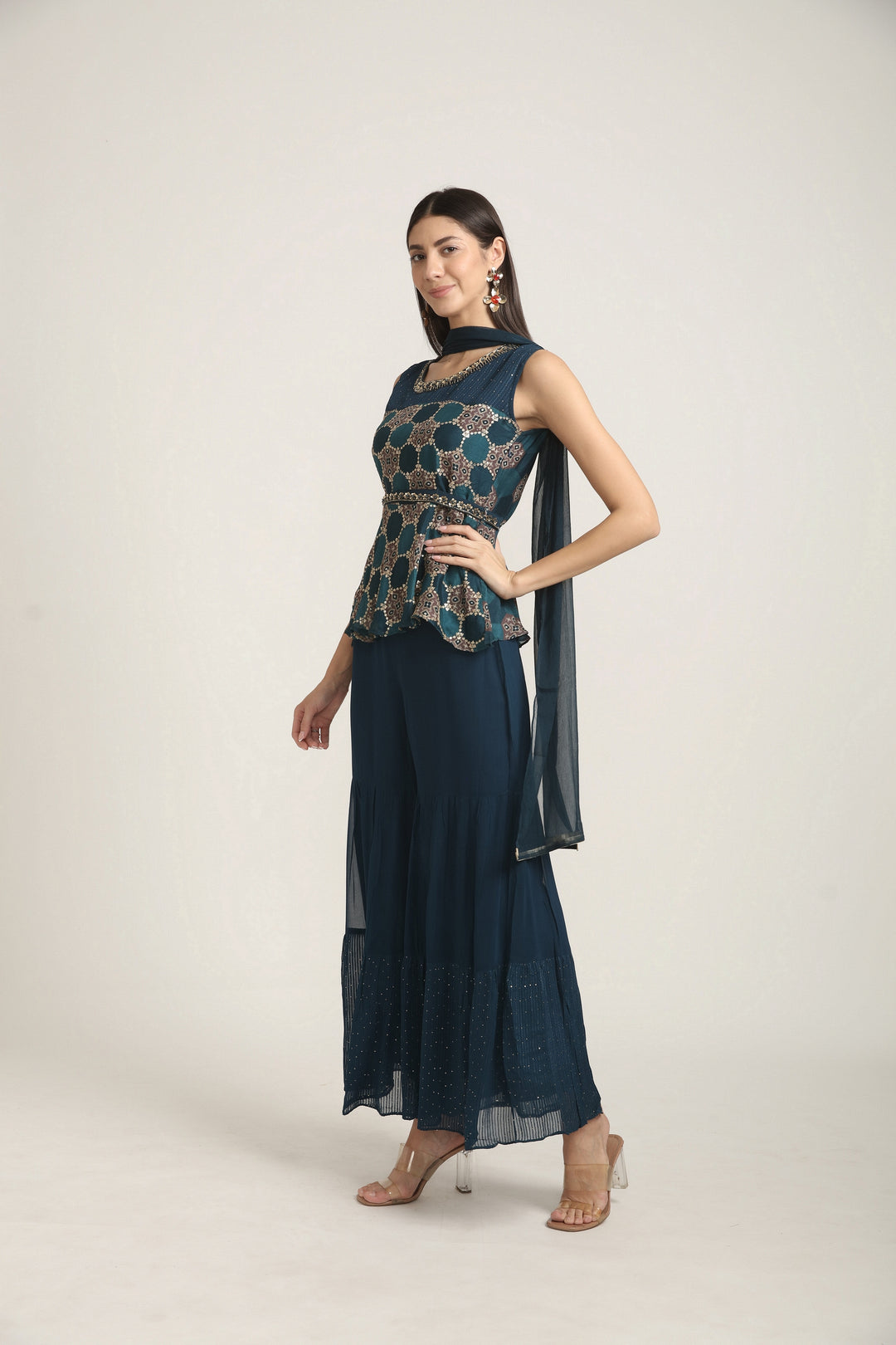 Neerus Blue georgette embroidered suit set - back view