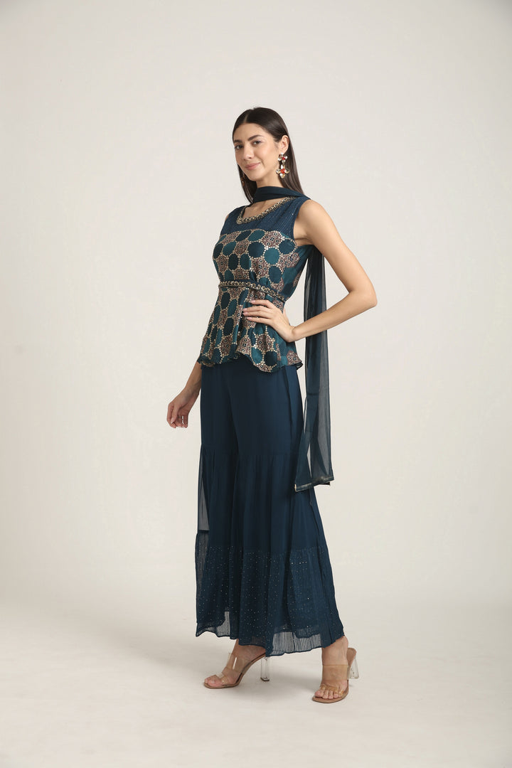 Neerus Blue georgette embroidered suit set - back view