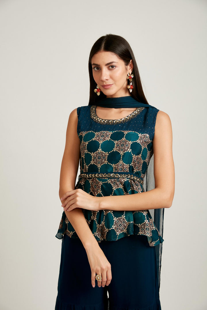 Neerus Blue georgette embroidered suit set - detail view 1