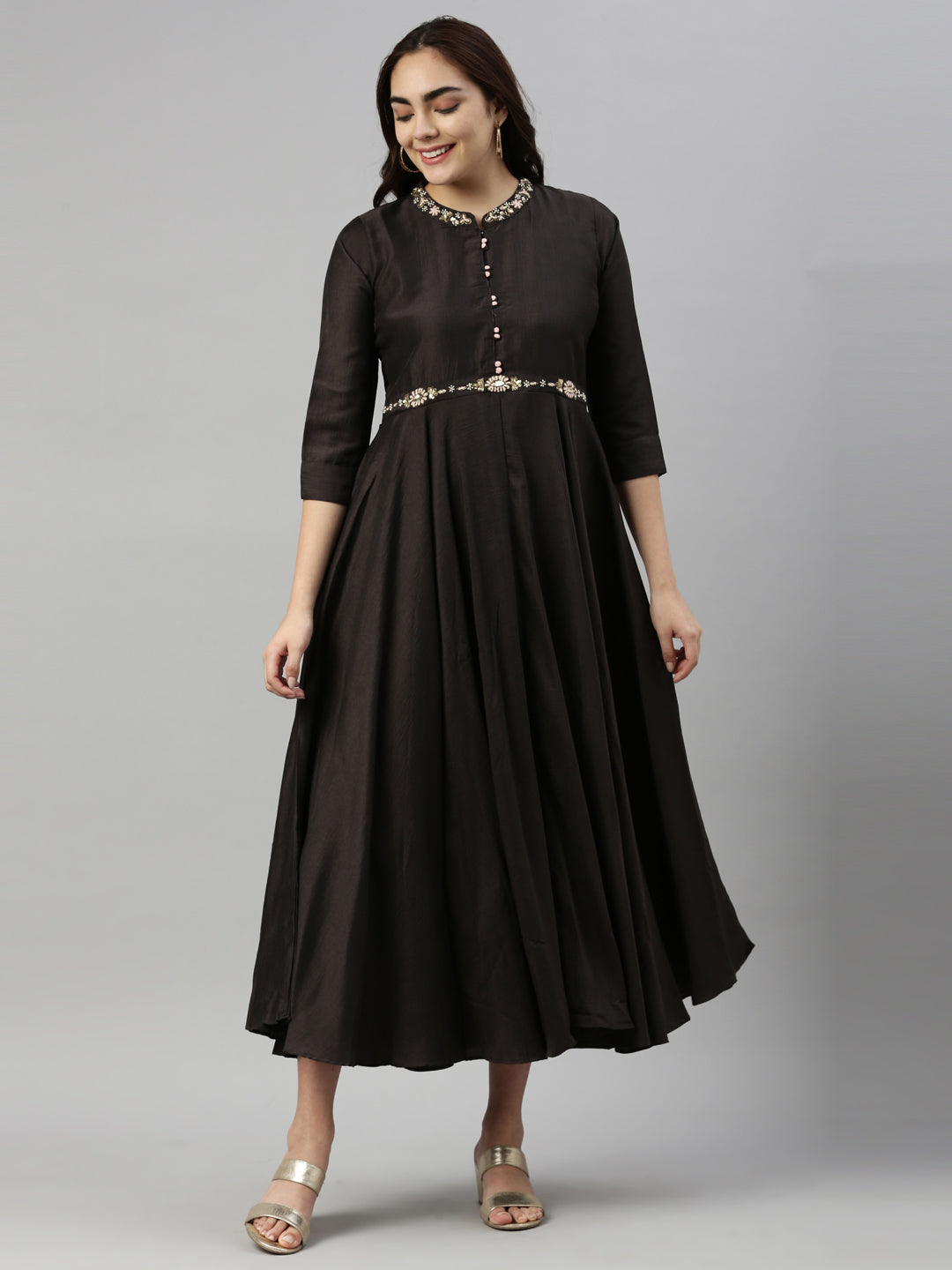 Neerus Black Color Silk Fabric Kurta