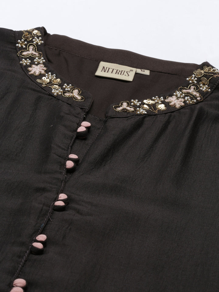 Neerus Black Color Silk Fabric Kurta