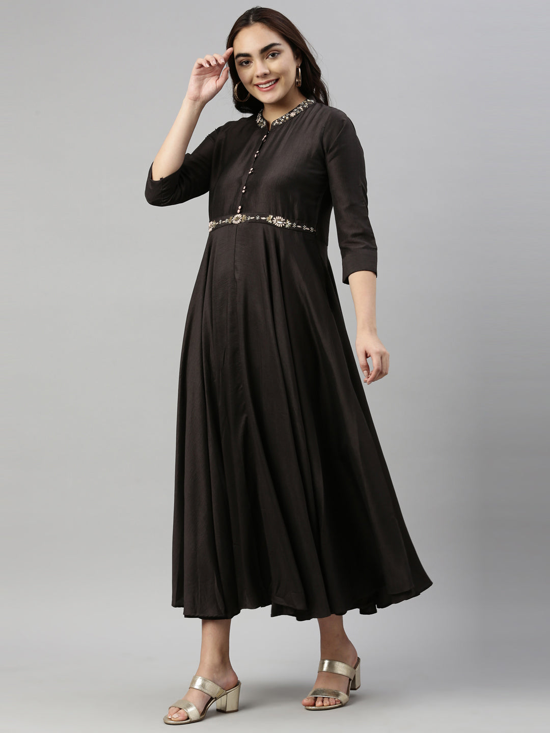 Neerus Black Color Silk Fabric Kurta