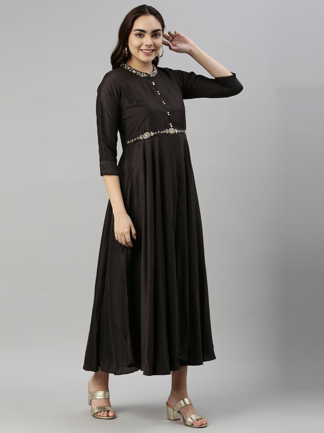 Neerus Black Color Silk Fabric Kurta