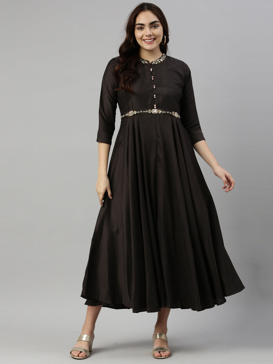 Neerus Black Color Silk Fabric Kurta