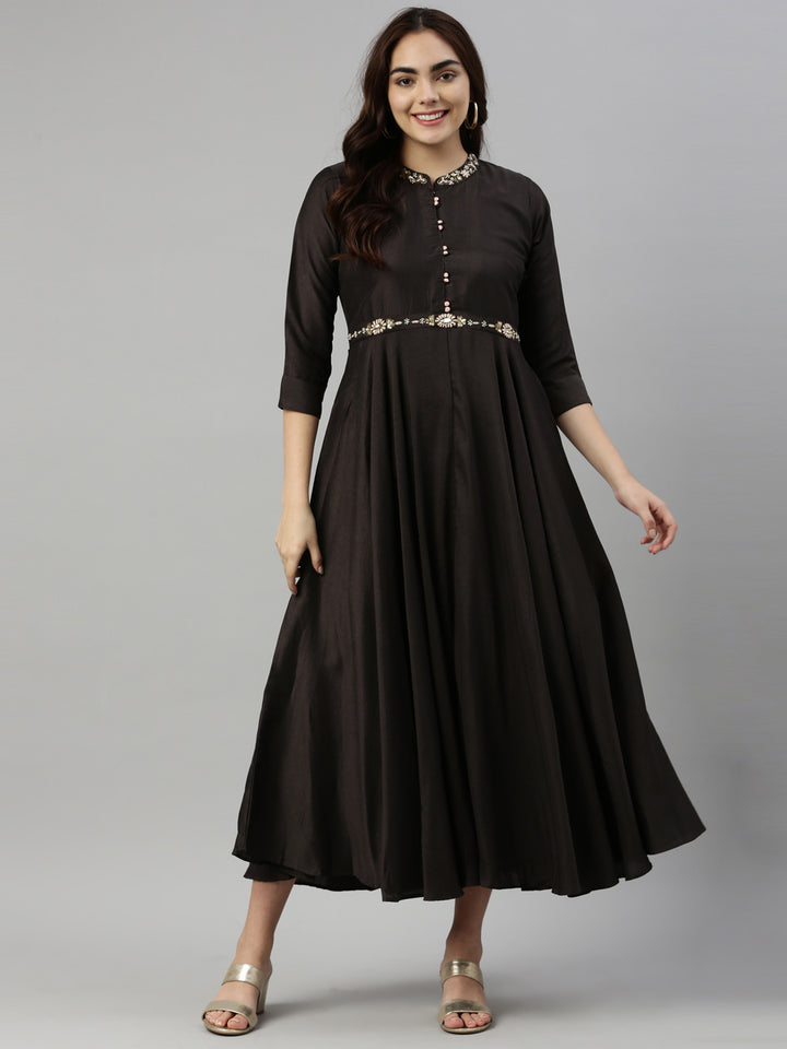 Neerus Black Color Silk Fabric Kurta