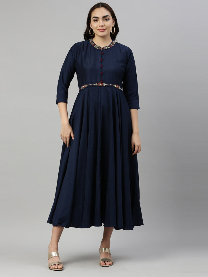 Neerus Navy Blue Color Silk Fabric Kurta