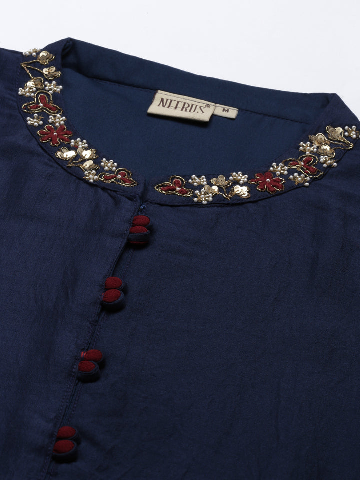 Neerus Navy Blue Color Silk Fabric Kurta