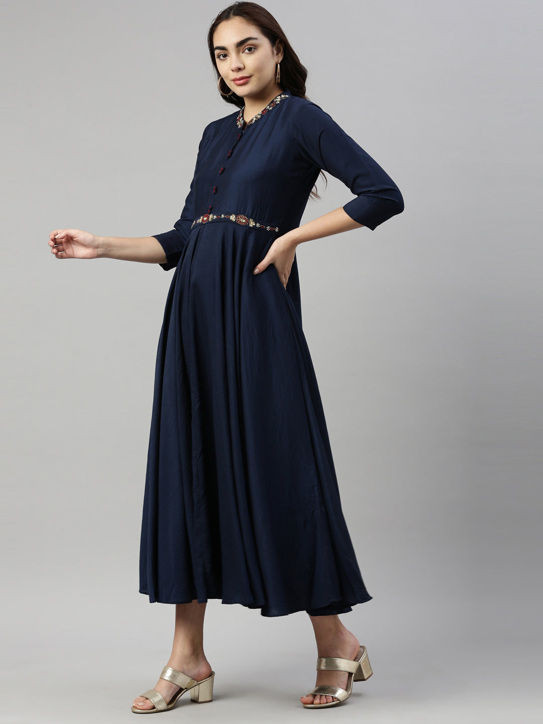 Neerus Navy Blue Color Silk Fabric Kurta