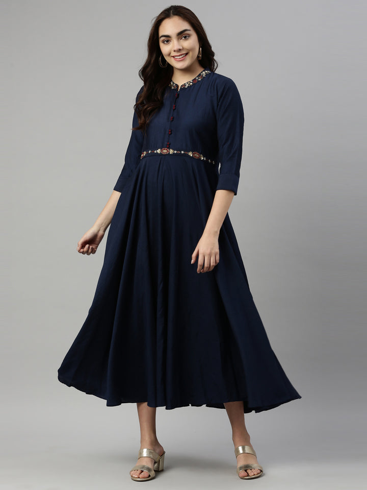 Neerus Navy Blue Color Silk Fabric Kurta