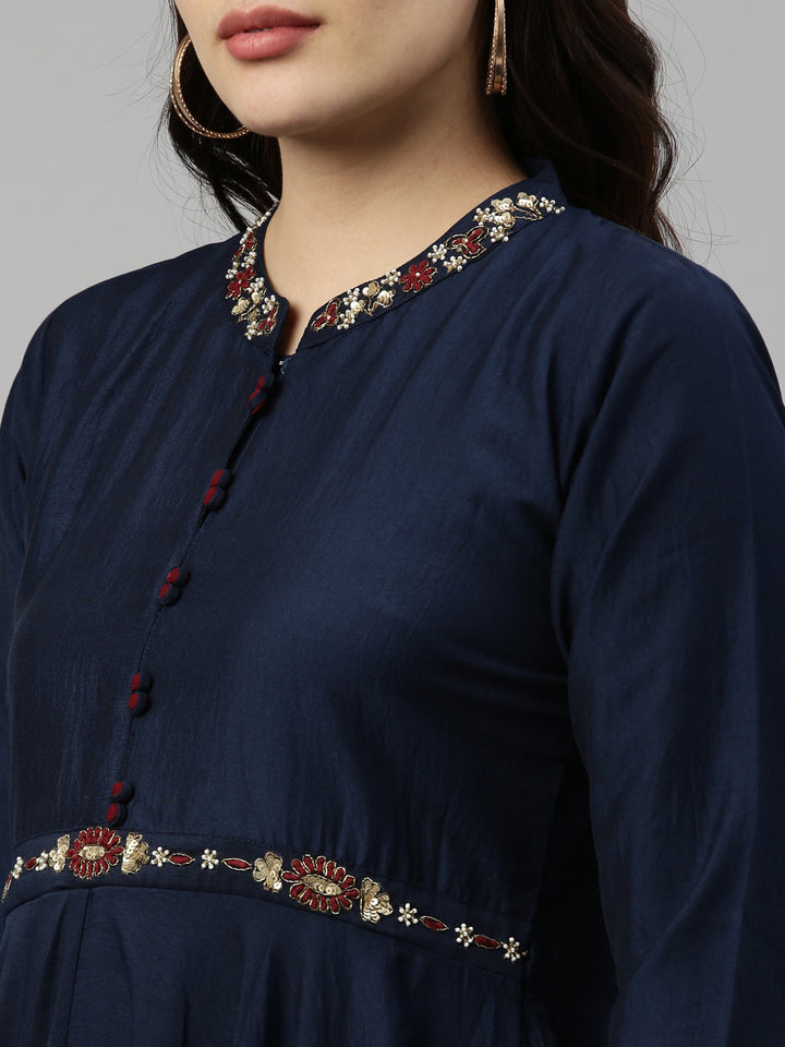 Neerus Navy Blue Color Silk Fabric Kurta
