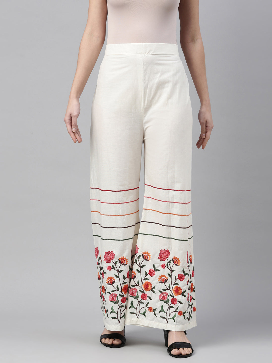 Neerus White cotton solid palazzo bottom - detail view 6