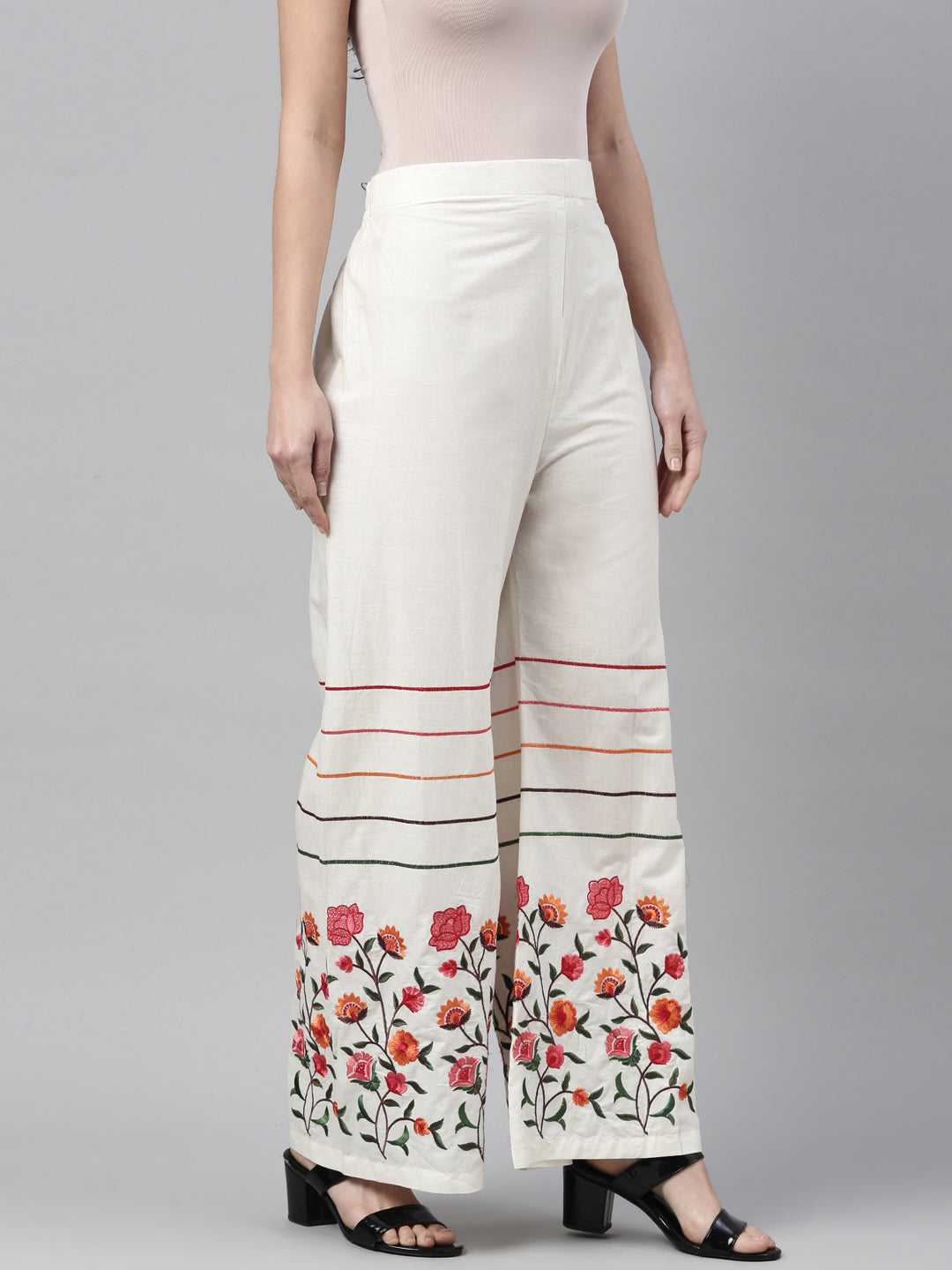 Neerus White cotton solid palazzo bottom - detail view 1