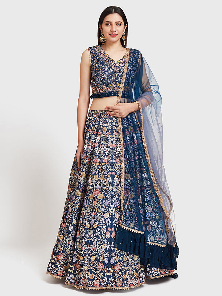 Neerus Blue silk flared lehenga ghagra set - front view