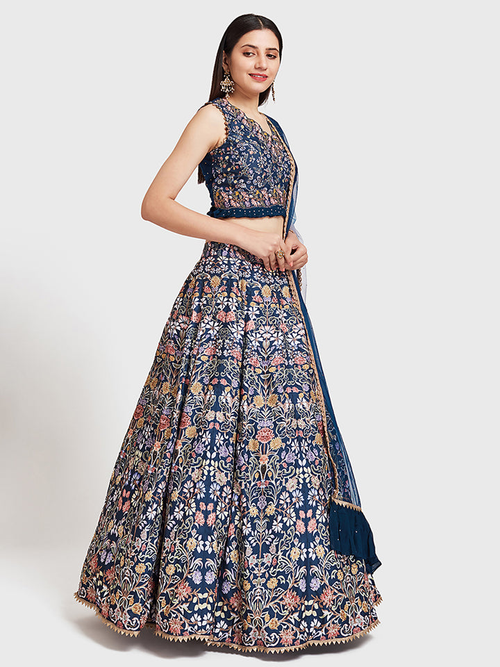 Neerus Blue silk flared lehenga ghagra set - back view
