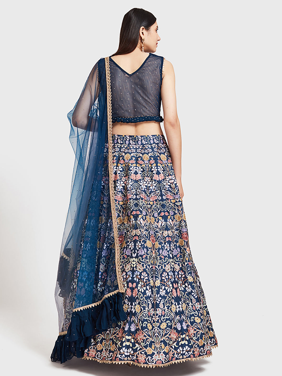 Neerus Blue silk flared lehenga ghagra set - side view