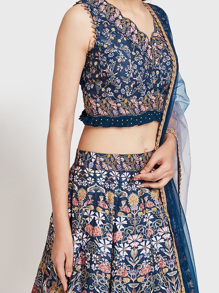 Neerus Blue silk flared lehenga ghagra set - detail view 1