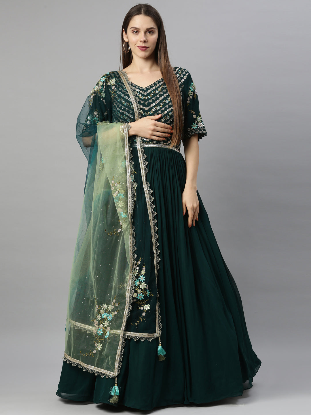 Neerus Green Ethnic Georgette Anarkali Dress for Festive Party Women –  Neerus India