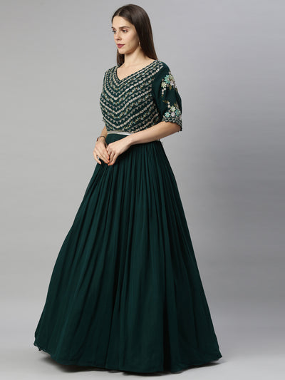 Neeru's Bottle Green Color Georgette Fabric Suit-Anarkali