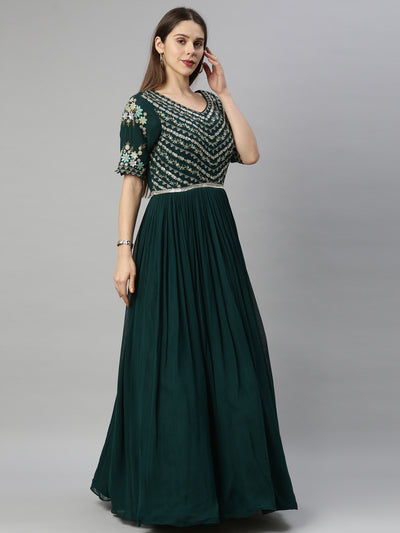 Neeru's Bottle Green Color Georgette Fabric Suit-Anarkali