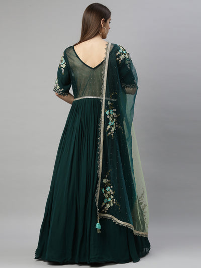 Neeru's Bottle Green Color Georgette Fabric Suit-Anarkali
