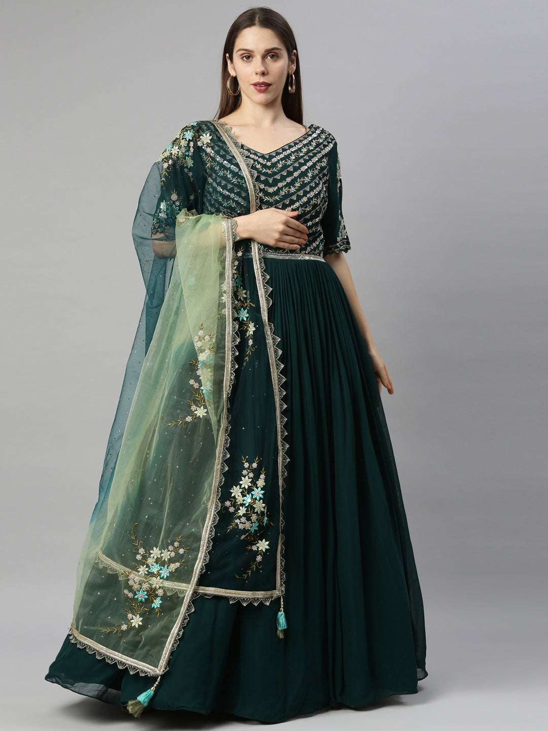 Neeru's Bottle Green Color Georgette Fabric Suit-Anarkali