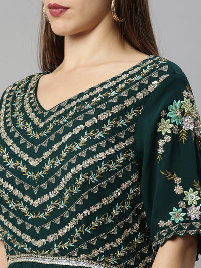 Neeru's Bottle Green Color Georgette Fabric Suit-Anarkali